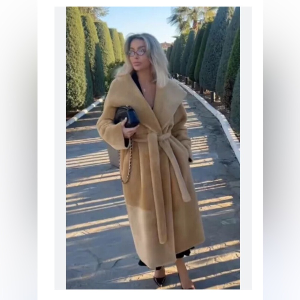 ZARA NEW WOMAN ZW COLLECTION BELTED FAUX FUR COAT BEIGE - Picture 5 of 8